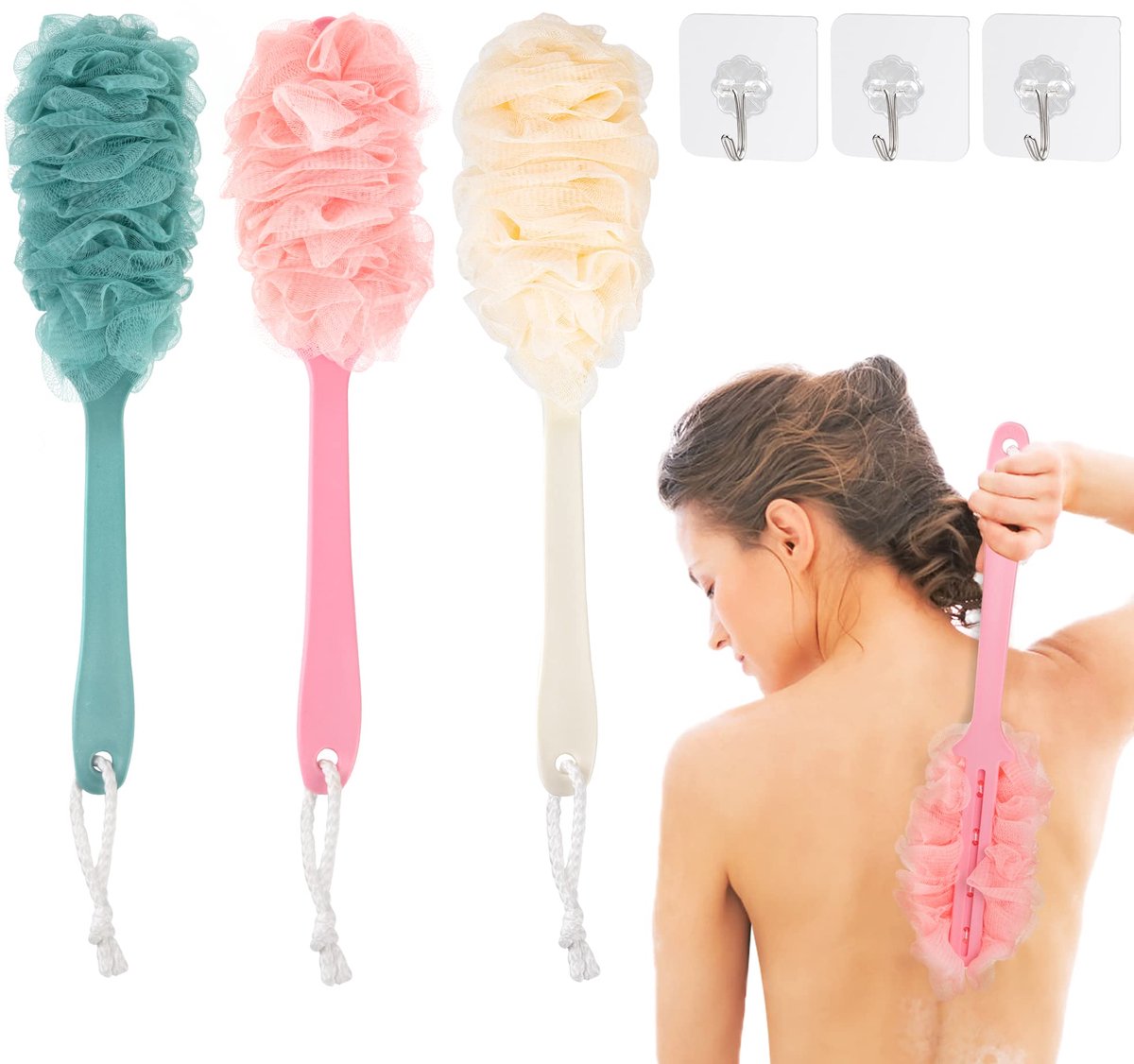 SnelShoppen - Douche Spons met Handvat, Lange Handgreep Bad Spons Mesh Badborstel met 3 Plakhaakjes Rugborstel Badreiniger voor Vrouwen en Mannen, Set