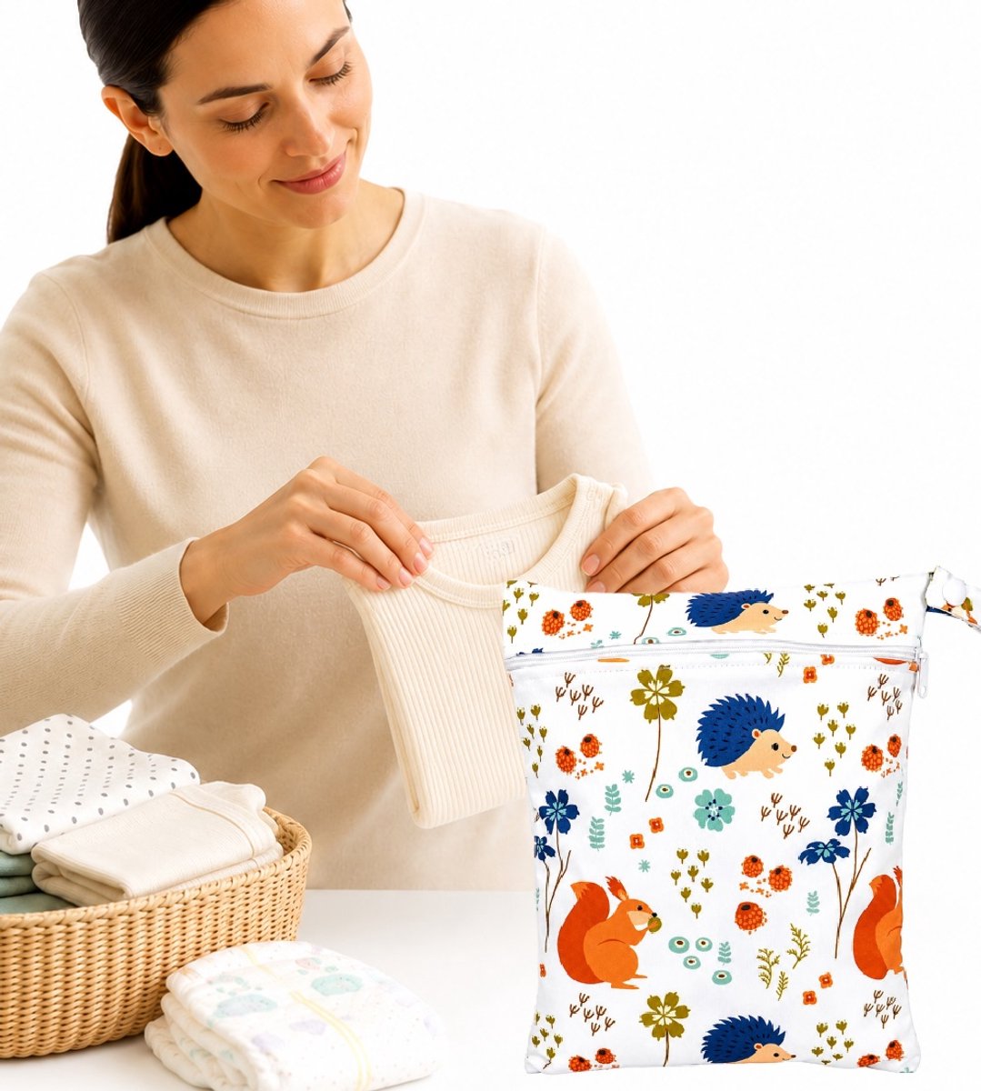 Waterdichte Luier Organizer & Wet Bag – Egel Bosdierenprint – Mini Luiertas – Opbergtas voor Luiers, Babydoekjes & Natte Kleding – 20 x 25 cm