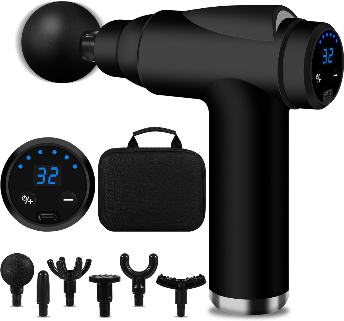 SnelShoppen - BUOAZR Mini Spiermassagepistool met 32 Verstelbare Niveaus, 3500 tpm, 6 Massagekoppen, Licht en Draagbaar, LCD Scherm, Voor Pijnverlicht