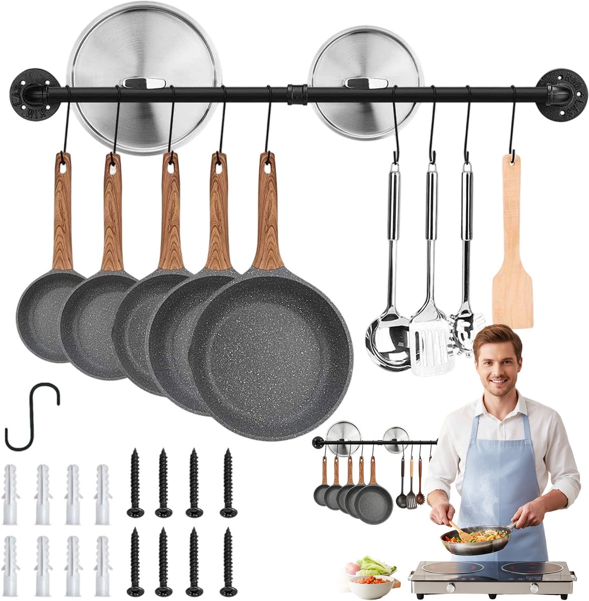Pannendekselhouder - Ophangstang - Keukenhaken - Industrieel Pijpenrek met Haken - 60cm×13cm×3.2cm - Koolstofstaal & Gegalvaniseerd - 10 Haken & 2-in-1 Montage - Voor Keuken & Badkamer