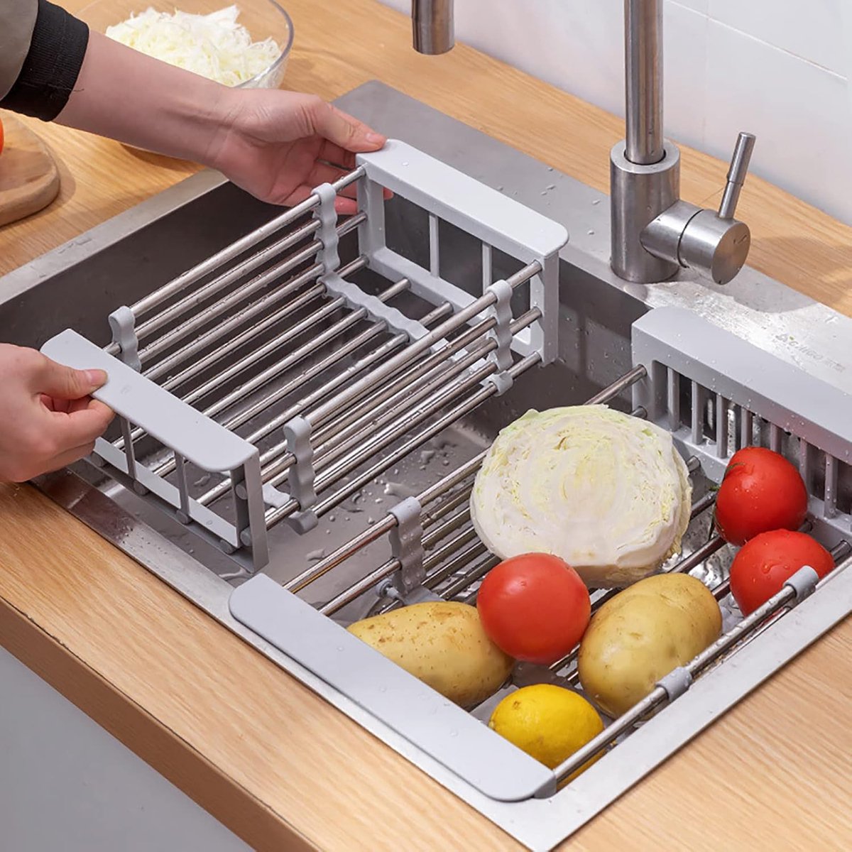 SnelShoppen - RVS Telescopische Afvoerbak - Keuken Organizer voor Afwas, Groenten en Fruit - Compacte en Ruimtebesparende Oplossing voor Aanrecht