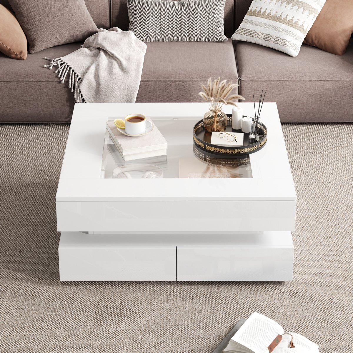 COVREO Salontafel 70 x 70 x 35 cm – wit, glazen tafelblad, 3 lades en LED-verlichting