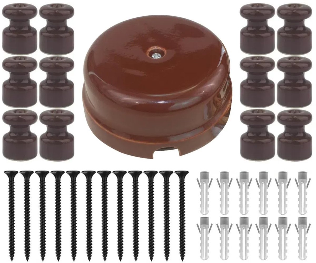 SnelShoppen - Porseleinen Aansluitdoos met 12 Isolatoren voor 4-Holes Kabeldoorvoer Systemen - Ø 78 mm, 35 mm Diepte, Bruin, Geschikt voor Wand- en Pl