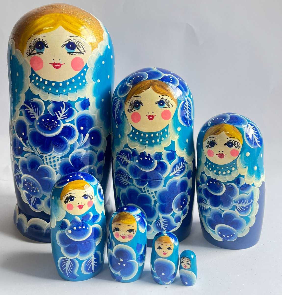Houten Matroesjka poppen, Russische,babushka,23 cm hoog 7 delig handbeschilderd blauw