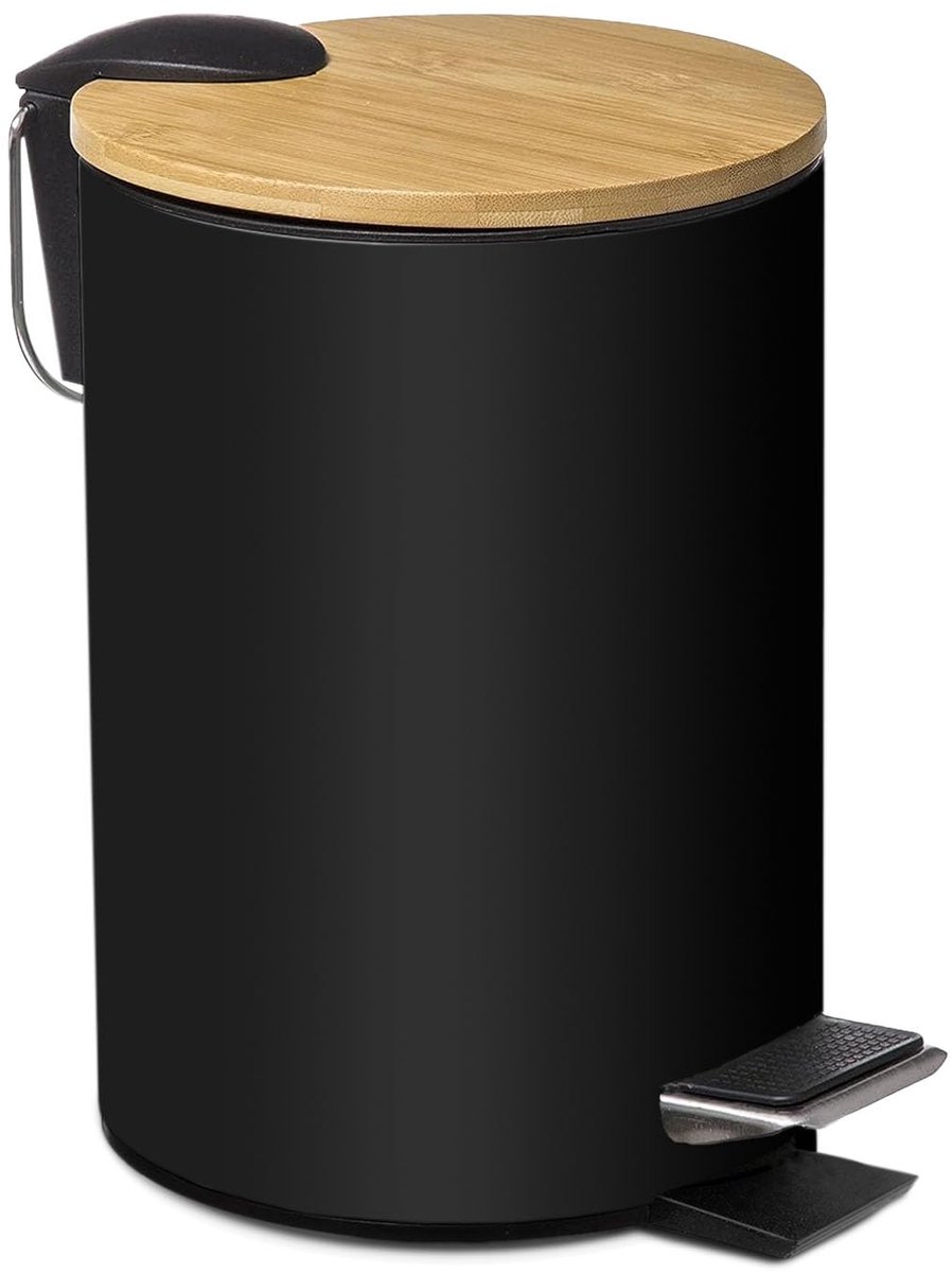 SnelShoppen - Stijlvolle Metal Bin met Bamboo Lid, 3 Liter, 17 x 22.5 x 23.5 cm, Compacte Afvalbak met Pedal en Draaghandvat, Zwart voor Badkamer, Keu