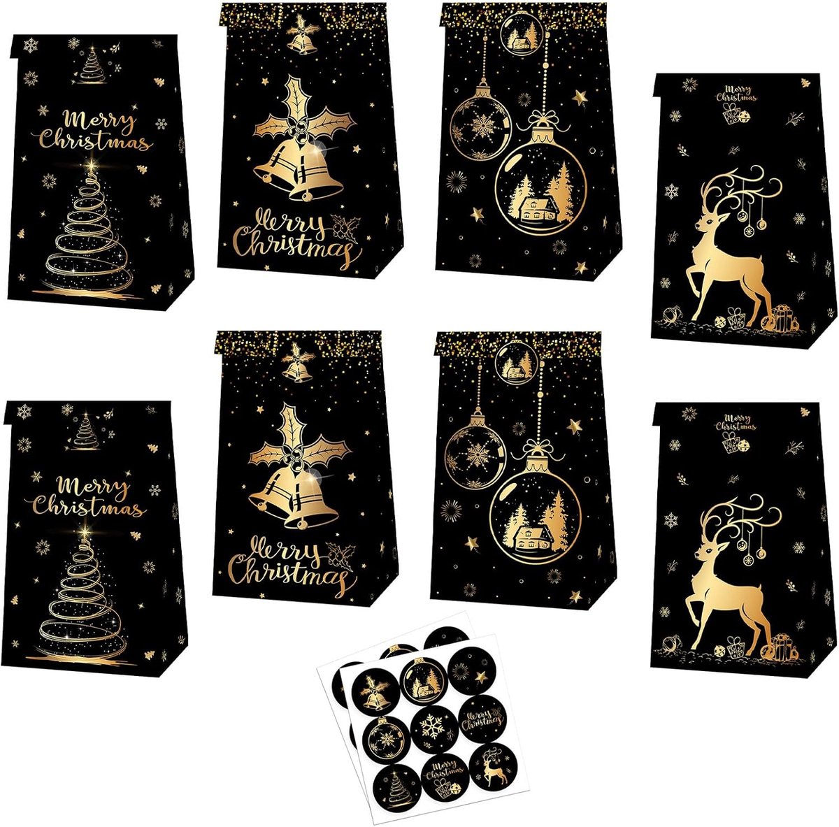 SnelShoppen - 12 Stuks Kerst Paper Gift Bags Zwart Goud Hert, Cadeauzakjes voor Feest, Verjaardag, Kerst, 22x12x8 cm met 18 Stickers