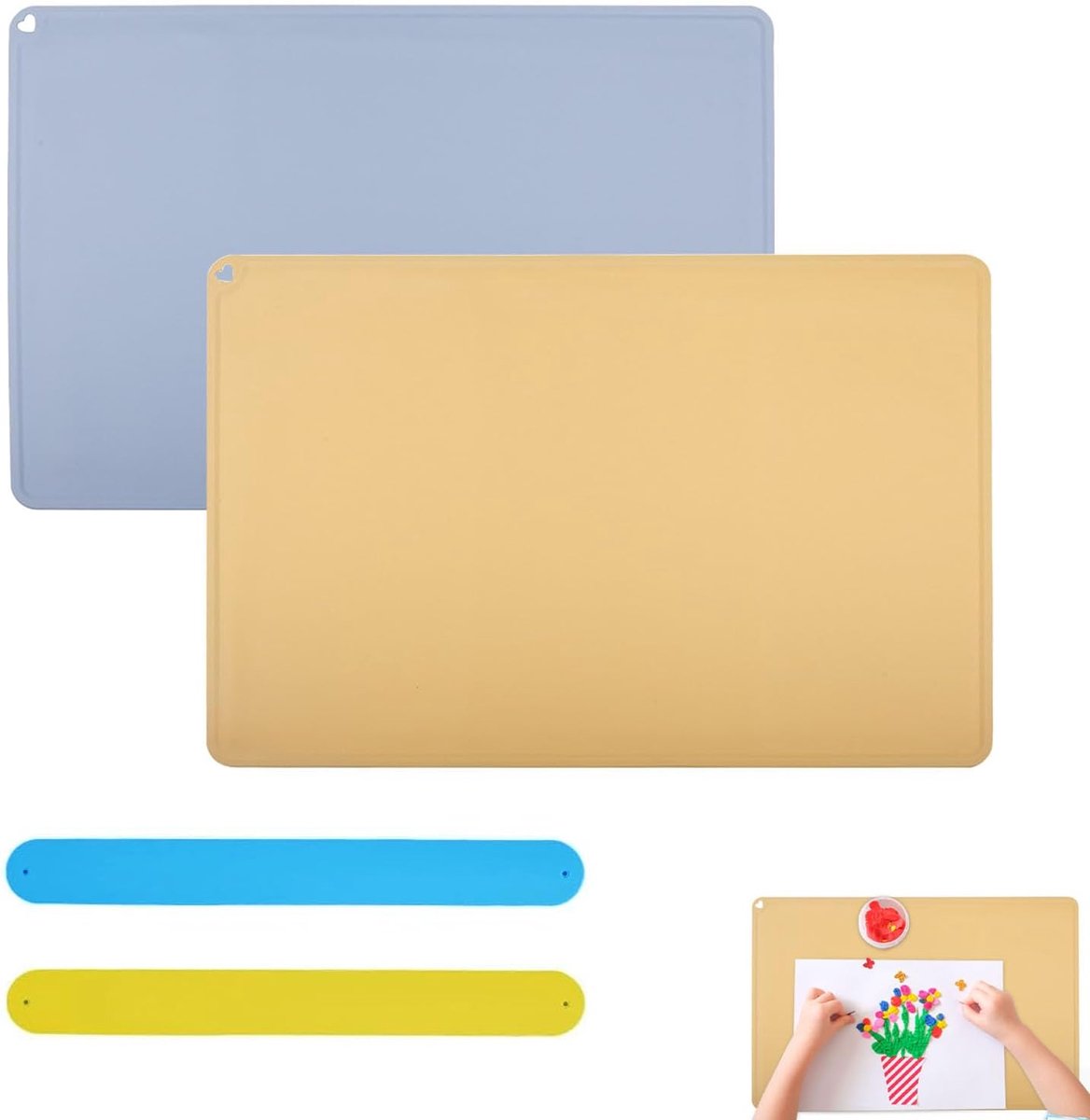 SnelShoppen - 2 stuks silicone schilderonderlegger voor kinderen, 60 x 40 cm, anti-aanbak, wasbaar, kneedonderlegger met verhoogde randen, blauw en ge