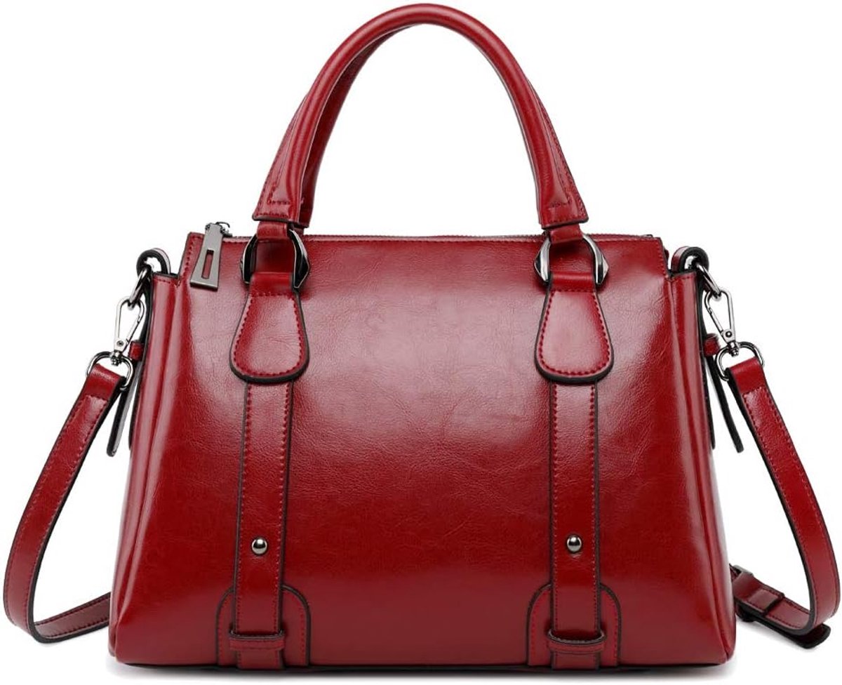 SnelShoppen - Dames Handtas met Korte Handvatten in Leer, Boston Schoudertas, Crossbody Tas, Hobotas in Wijnrood, Luxe en Waterdicht