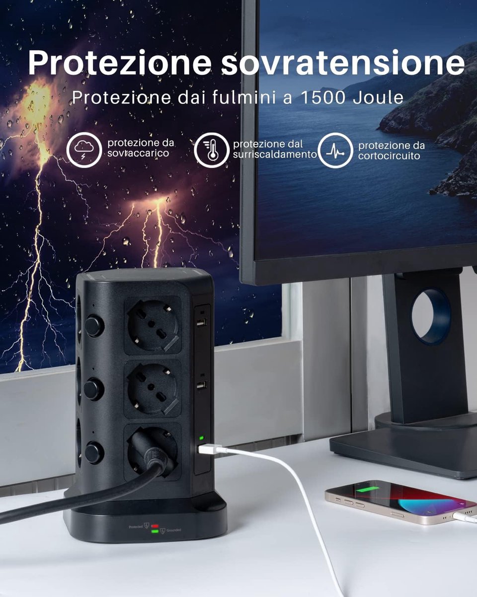 SnelShoppen - Meerdere stopcontacten met overspanningsbeveiliging, 4000 W/16 A, 12 universele aansluitingen, 6 USB-A poorten, 5 m kabel, zwart, ideaal