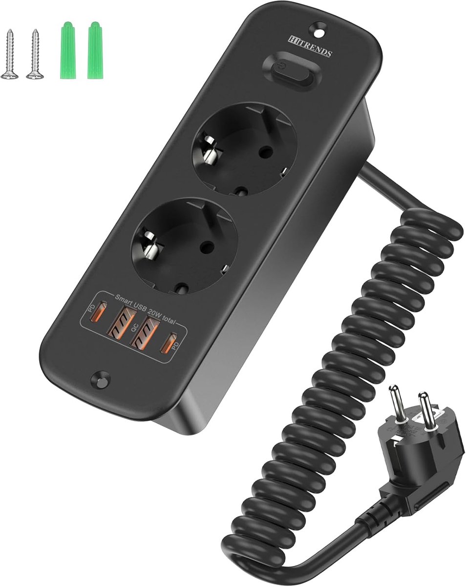 SnelShoppen - Retractable Socket 2-Way met 4 USB (2x USB-A + 2x USB-C) Tafel Stopcontact met Schakelaar en 2m Spiral Kabel, 4000W/16A, Ideaal voor Thu