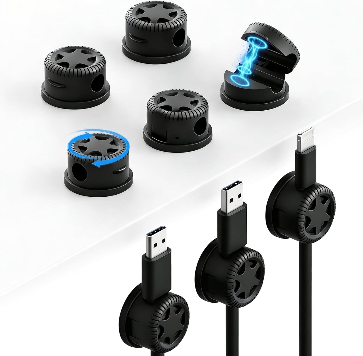 SnelShoppen - Pack van 8 Zelfklevende Kabelhouders, 360° Draaibare Magnetische Kabelclips voor Kabelbeheer, Desk, Muur, Auto - Zwart