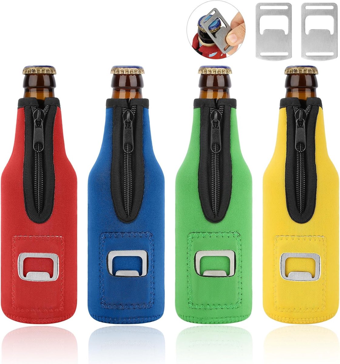 SnelShoppen - 4x 330ml Bierfles Koeler Neopreen Cuff - Isolerende Zipper voor Drankjes - Perfect voor Feest, Camping, Buitenactiviteiten