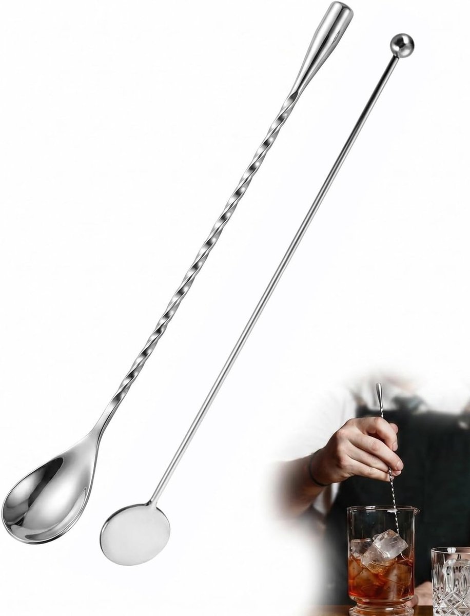 SnelShoppen - Premium 2 x Cocktailborstel Roestvrij Staal 304 (30 cm + 20 cm) | Lange Ergonomische Handgreep | Perfect voor Mojitos & G&T | Praktisch