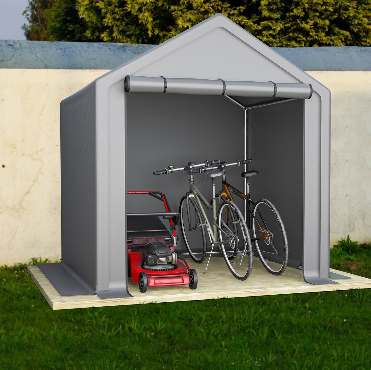 COVREO Fietsgarage 190x170x200 cm donkergrijs - stalen frame, PE tentdoek, roldeur