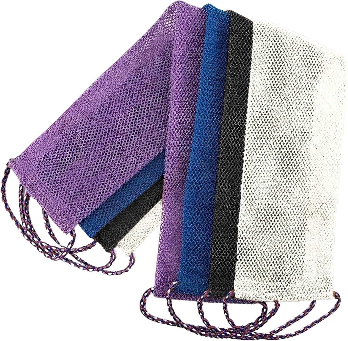 SnelShoppen - 4 stuks Afrikaanse nylon peelingstrips, badschrobber set in wit, paars, blauw, zwart, 14 x 74 cm, fijn gaasdoek voor rijk schuim, trekko