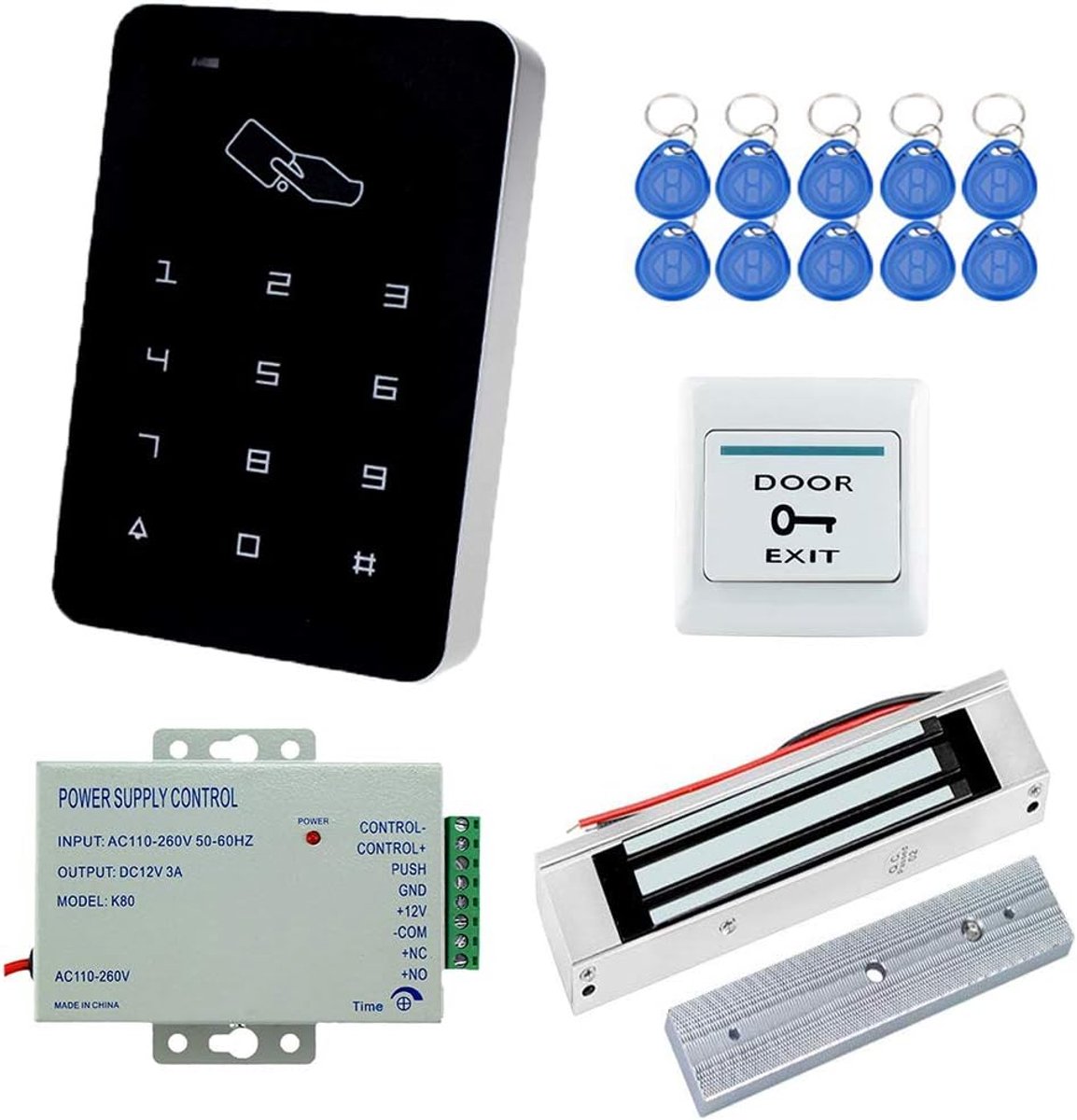 SnelShoppen - RFID Toegangscontrolesysteem Kit met Touchscreen Code Lock, Elektrische Magnetische Deurslot 180kg, 350lbs, 10 ID EK4100 Sleutelhangers,