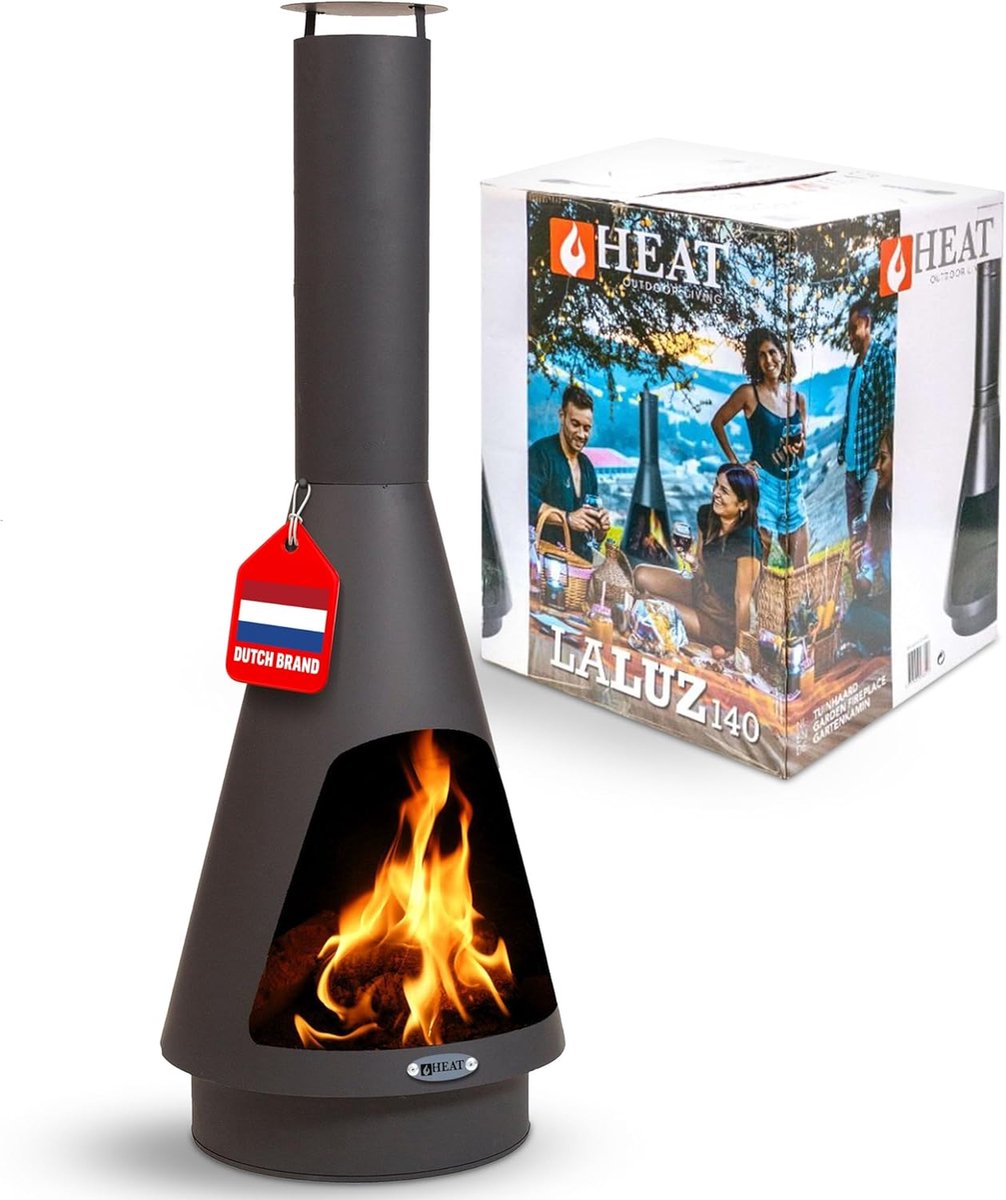 SnelShoppen - Tuinhaard - HEAT La Luz 140 Buitenhaard - Ø 45 cm - Modern Design - Zwart Staal - Inclusief Regenkap en Rooster - Perfect voor Tuin en P