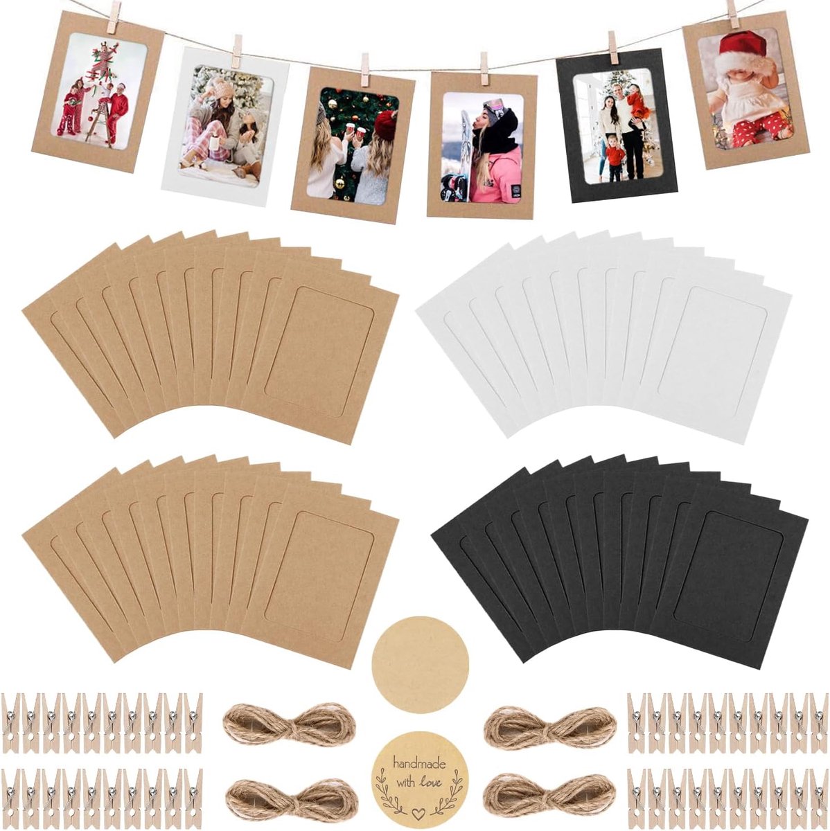 SnelShoppen - 40 Stuks Kraftpapier Fotolijsten Collage Wanddecoratie met Mini Houten Clips, Touw en DIY Stickers - 10x15 cm - Bruin, Wit, Zwart