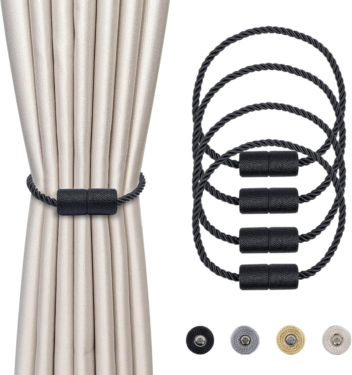 SnelShoppen - 4 Stuks Magnetische Gordijnhouders - Decoratieve Gordijn Tiebacks van 16,3 Inch - Luxe Gevlochten Touw voor Thuis en Kantoor - Duurzaam