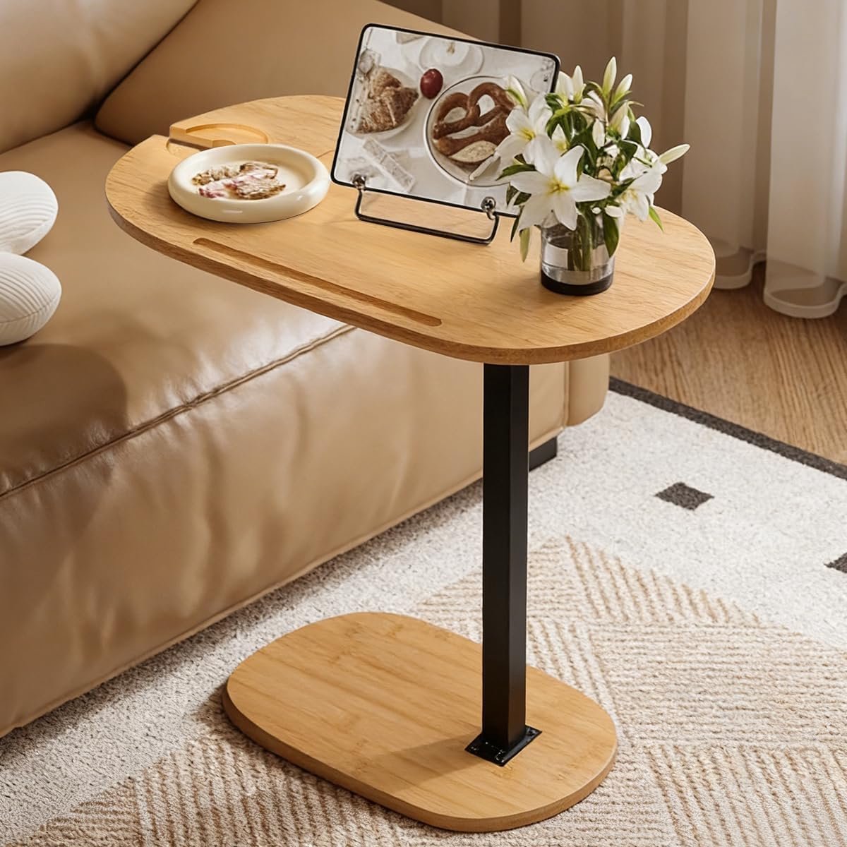 SnelShoppen - Verstelbare C-vormige Bijzettafel - Compacte Bamboo Houten Tafel - Ideaal voor Woonkamer, Slaapkamer, Tuin - Hoogte Verstelbaar - 1 Stuk