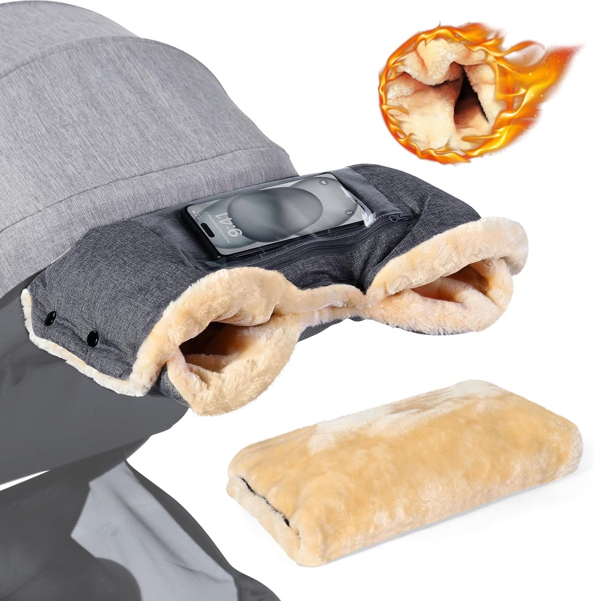 SnelShoppen - Winterhandschoenen voor Kinderwagen - Warme Stroller Gloves met Fleece, Weerbestendig, Met Telefoonhoes, Donkergrijs, Perfect voor Koude