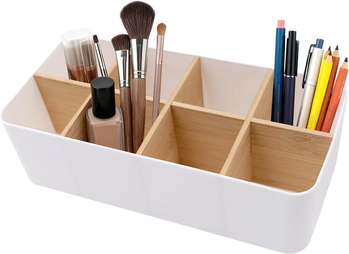 SnelShoppen - Desk Organizer met 8 Compartimenten - Pennenhouder, Remote Control Houder, Wit, Bamboo, Multifunctioneel voor Bureau, Cosmetica, Smartph