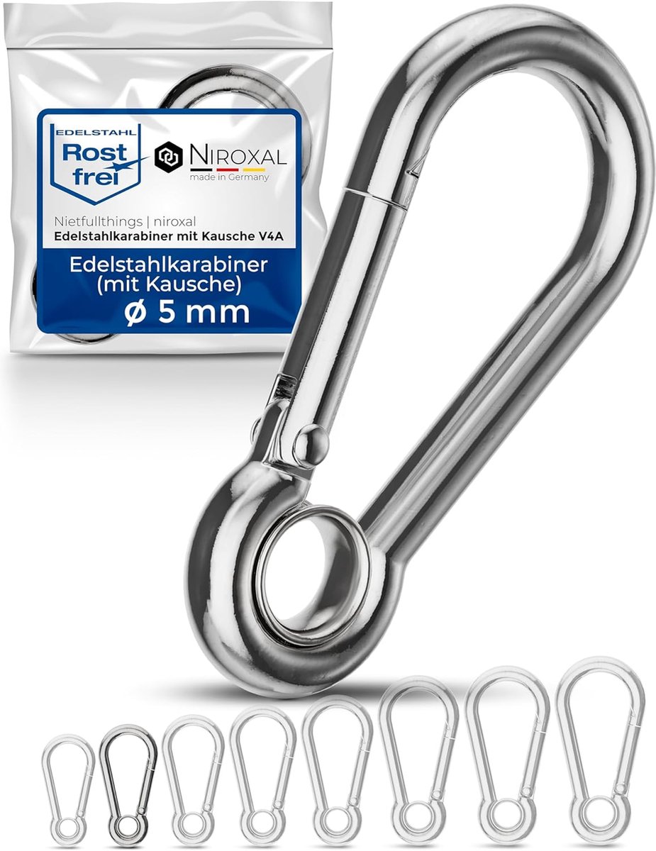 SnelShoppen - 4x Niroxal 5 mm RVS Karabijnhaak met Oog - Zware Kwaliteit, Marine Grade 316, Veer Mechanisme, Ideaal voor Camping, Tuin en Buitenactivi