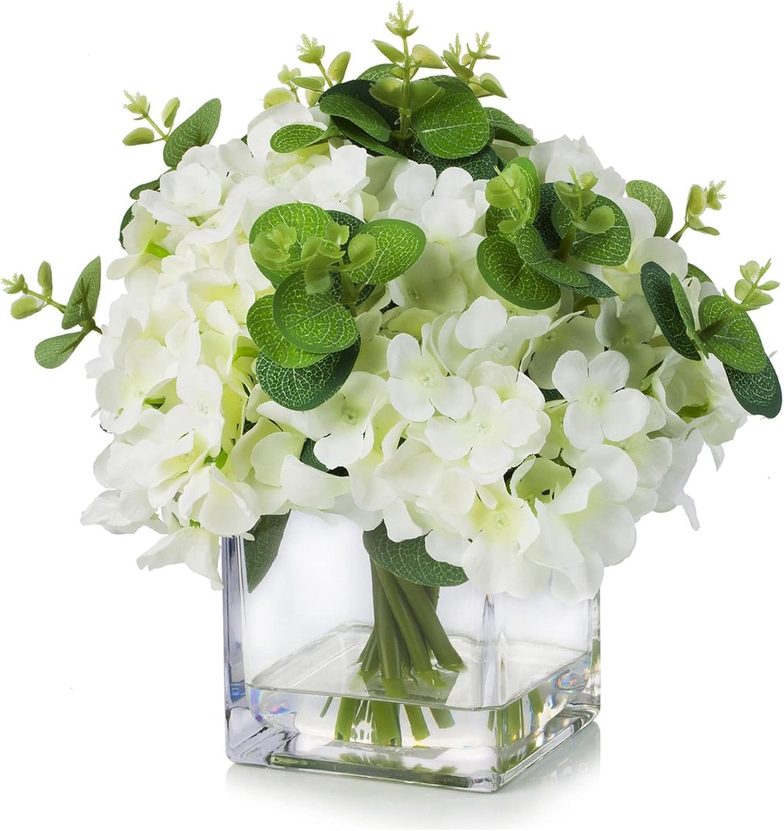 SnelShoppen - Kunstmatige Hydrangea Bloemen met Vaas - Mixed Nepp bloemen in Crème Wit - Eucalyptus Bladeren - Perfect voor Tafel Decoratie, Bruilofte