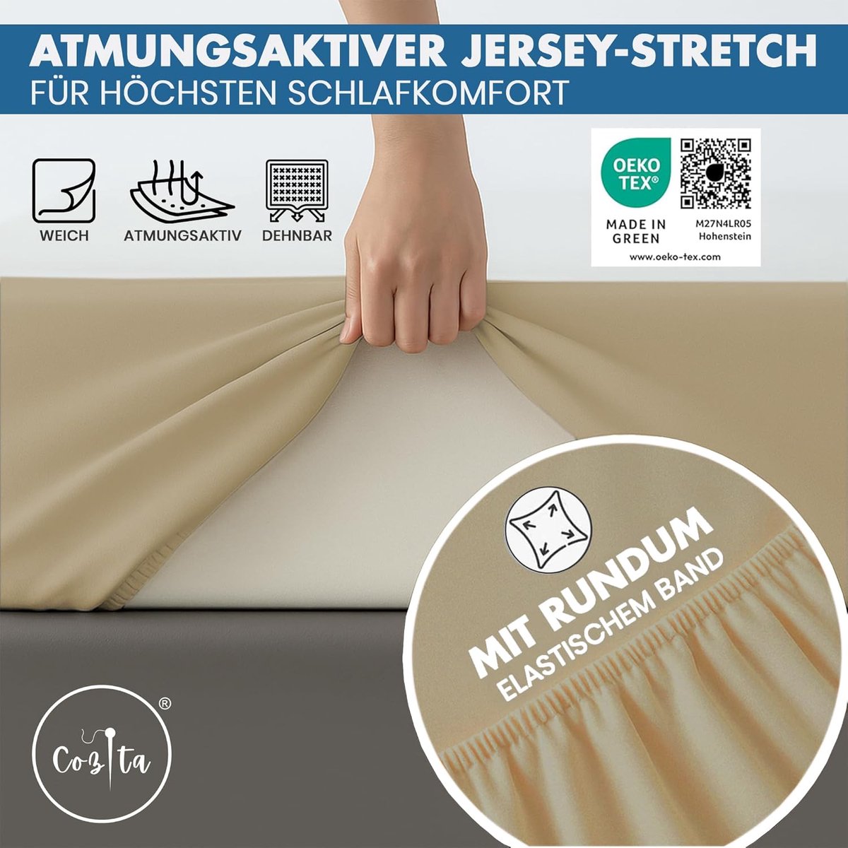 SnelShoppen - Fitted Sheet 180 x 200 cm - 100% Katoen Jersey - Oeko-Tex Gecertificeerd - Beige - Geschikt voor Matras tot 25 cm Hoogte