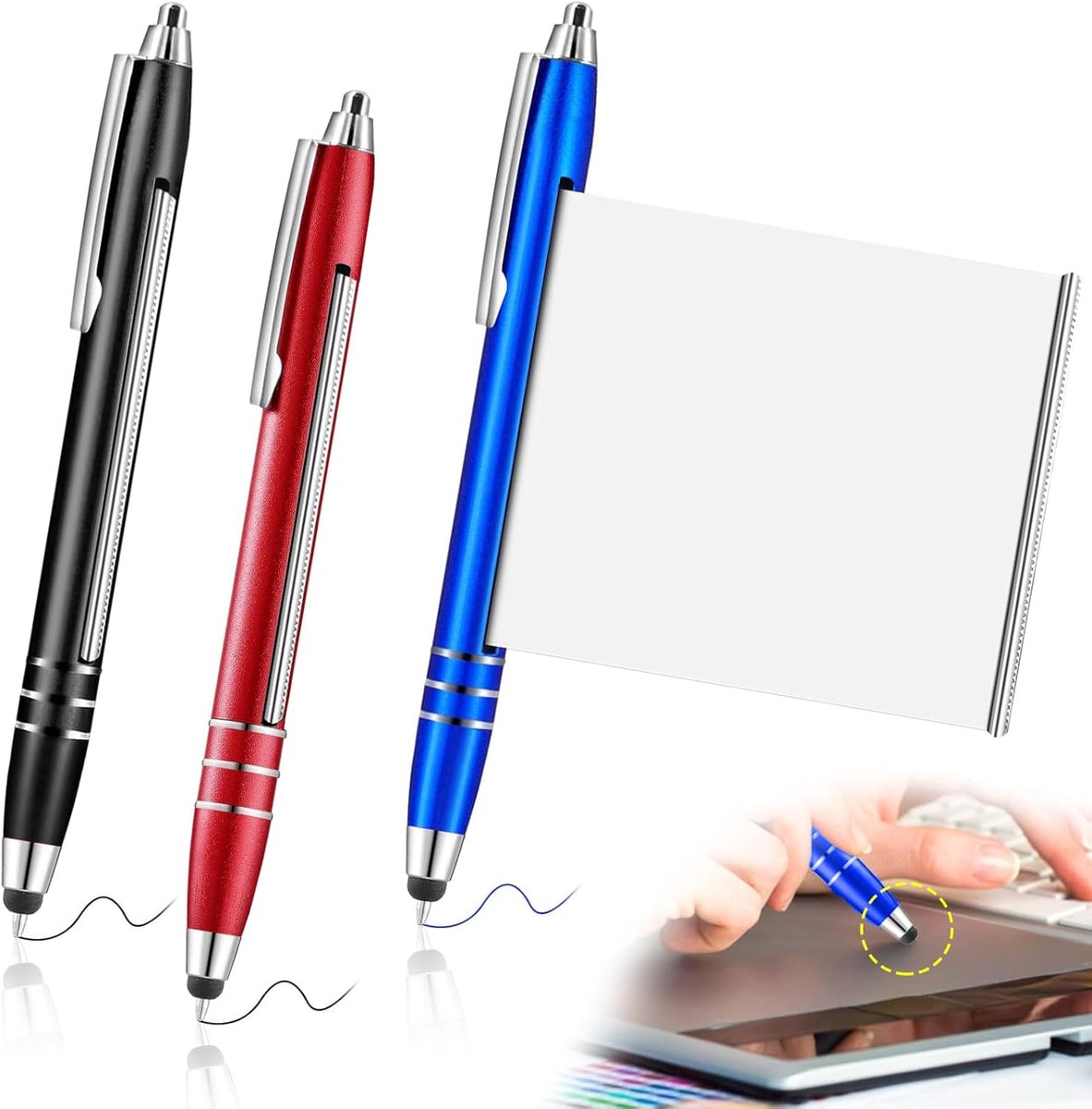 SnelShoppen - Balpen met Touchpen Set van 3, Metalen Rollerset met Spiekbriefje in Rood, Blauw, Zwart - 2-in-1 Spickerpen voor School, Kantoor en Huis