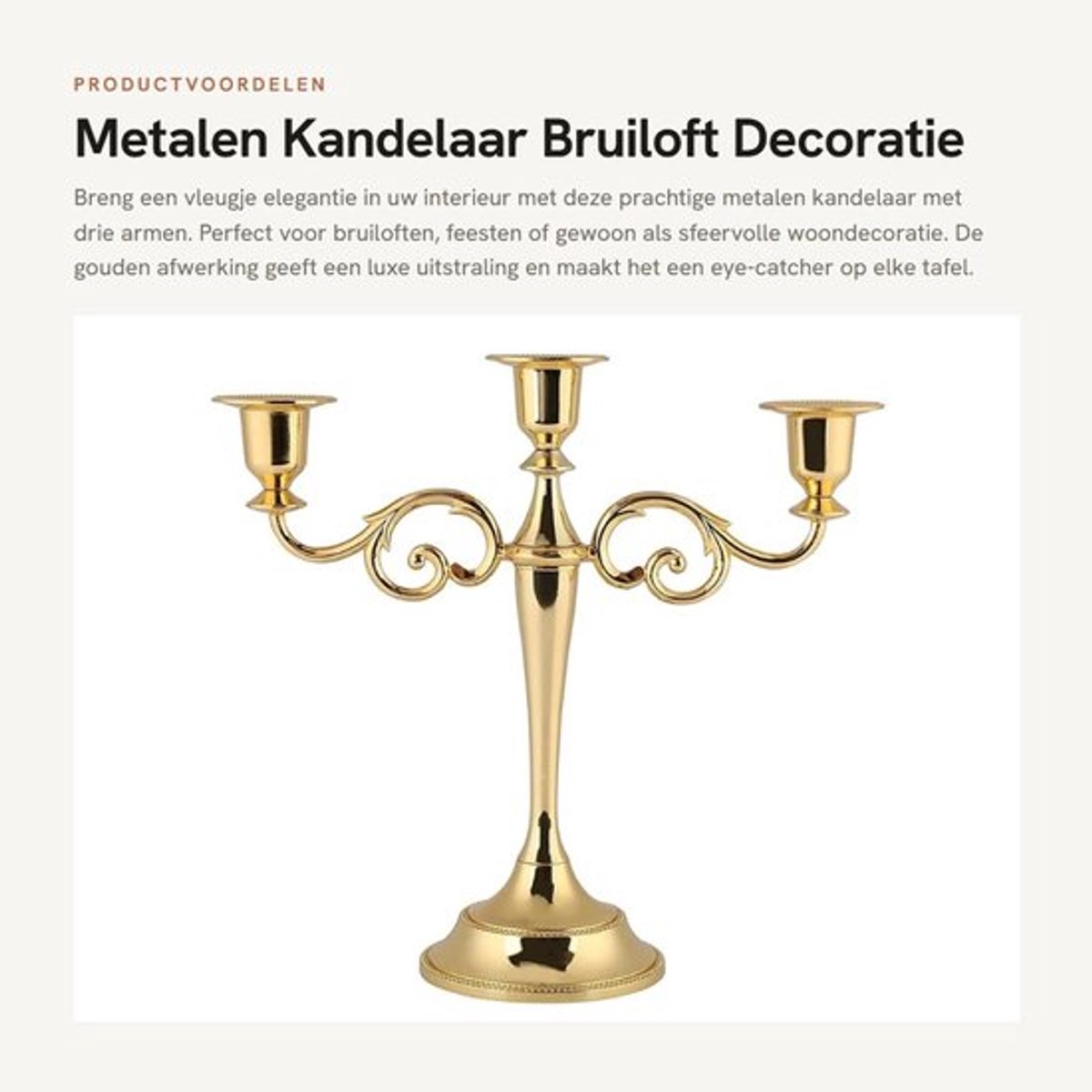 Kandelaar 3-armig - Gouden Kandelaar - Metalen Kandelaar - Woondecoratie - Bruiloft - Hoogte 25 cm - Kaarsenhouder