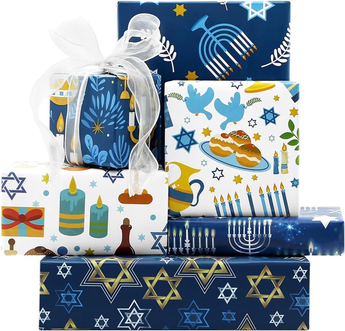SnelShoppen - Hanukkah Inpakpapier met Menorahs, Ster van David en Kaarsen - 6 Vellen 50x70cm voor Feestdagen, Verjaardagen en Vieringen
