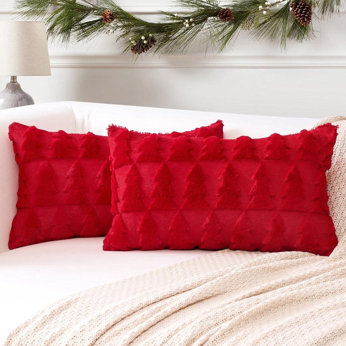 SnelShoppen - Set van 2 Luxe Kussenslopen voor Kerst - Zacht Pluche Korte Wol Velvet Kussenhoezen voor Bank en Slaapkamer, Rode Kleur 40 x 60 cm, Perf