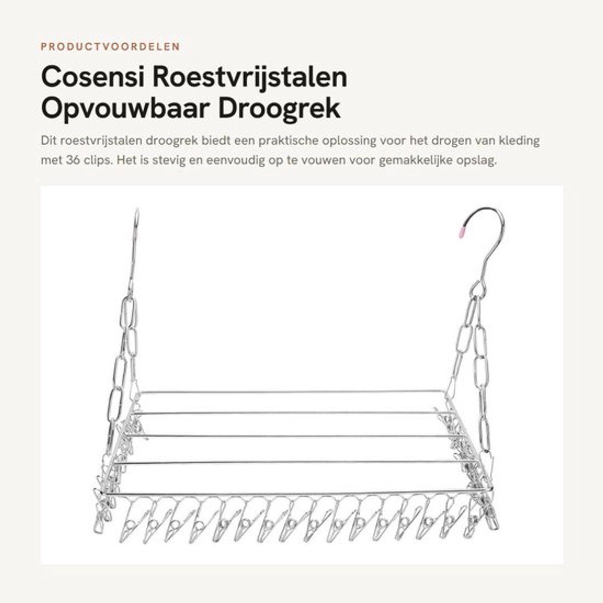 Wasdroogrek Roestvrij staal - Opvouwbaar Kledingdroogrek - 36 Clips - Winddicht Hanger - Voor Handdoeken/Lingerie - 40cm Lengte - Kledinghanger