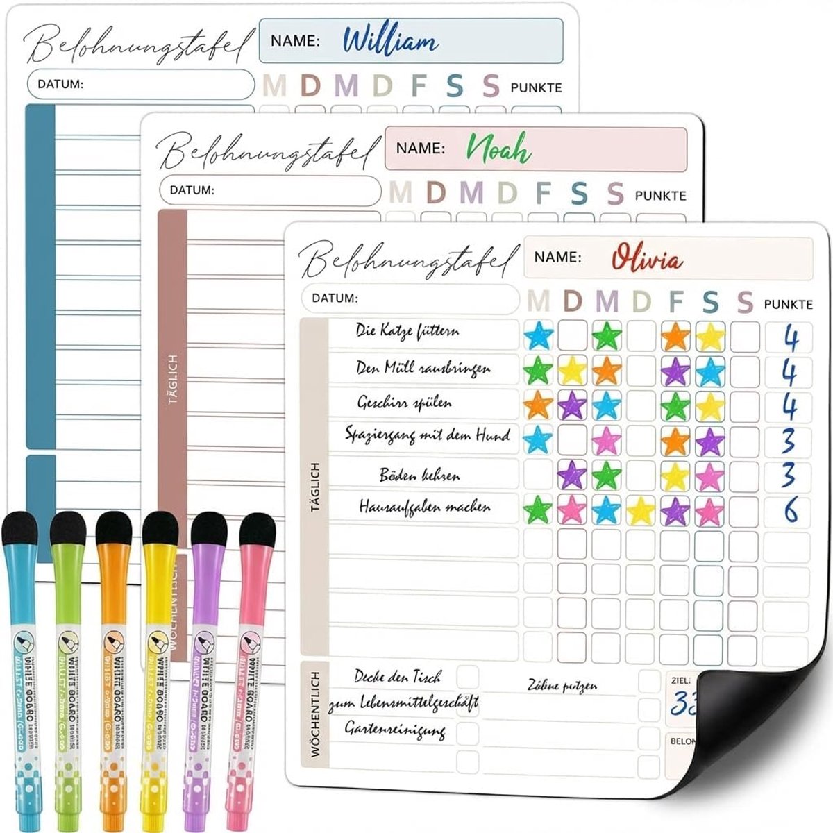 SnelShoppen - Kinderbeloningsbord 3-Pack Magnetisch Planner voor Kinderen 22x22 cm met 6 Wasbare Stiften - Dagelijkse Routine, To-Do Lijst voor Meisje