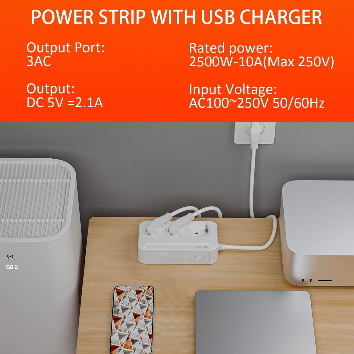 SnelShoppen - Power Strip 3-Way Meerdere Stopcontacten 1.8 m Wit Hoekstopcontact voor Keuken, Kantoor en Woonkamer met 45° Aansluitingen