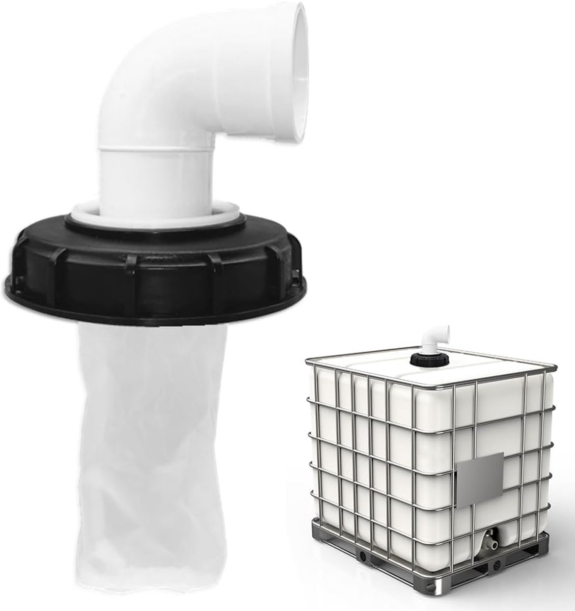 SnelShoppen - IBC 90° Filter met Nylon Deksel, 165 mm, Wasbaar, Waterfilter voor Regenwatertank, IBC Container, Barrel, Tuin, Hoogwaardige PVC en PE