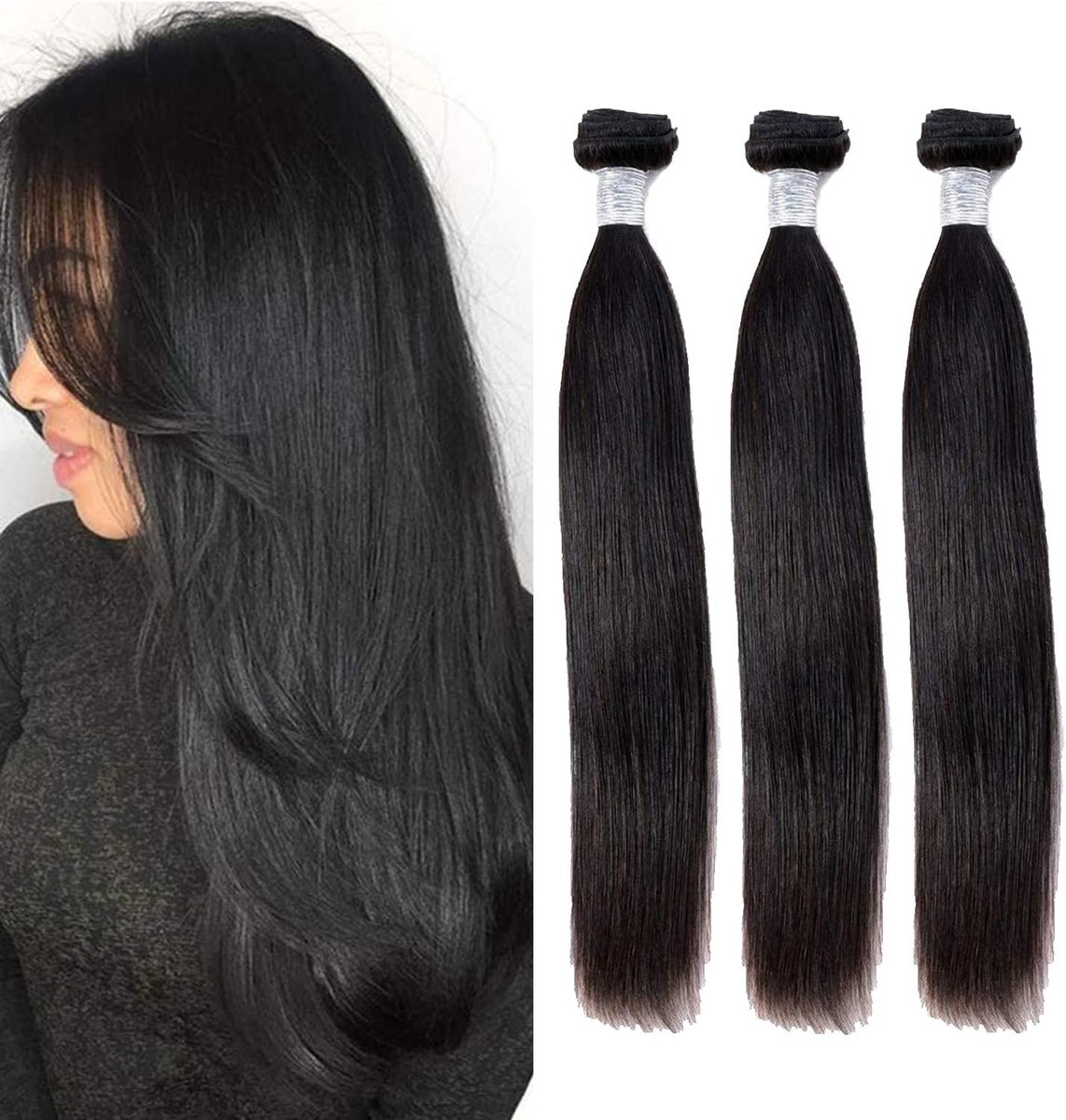 SnelShoppen - Brazilian Hair Extensions 16 Inch, 3 Bundles, 50g per Bundle, 150g Totaal, 8A Echt Haar, Steil, Ideaal voor Verlengingen en Haarstyling