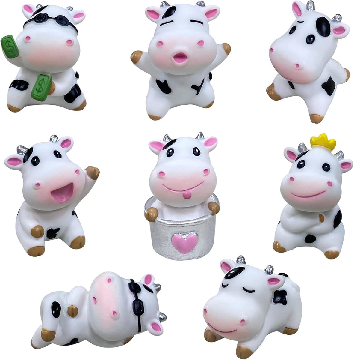 SnelShoppen - Set van 8 Miniatuur Figuren - Schattige Koeien van Hars - Decoraties voor Taart, Fairy Garden, Baby Shower, Kinderfeestje - Robuust en W