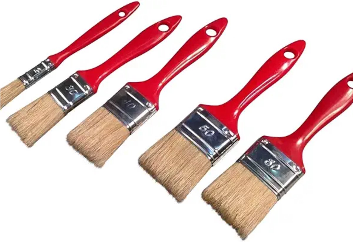 LoShop Set van 5 platte kwasten voor alle soorten verf, rood - 50 mm, 40 mm, 30 mm, 20 mm