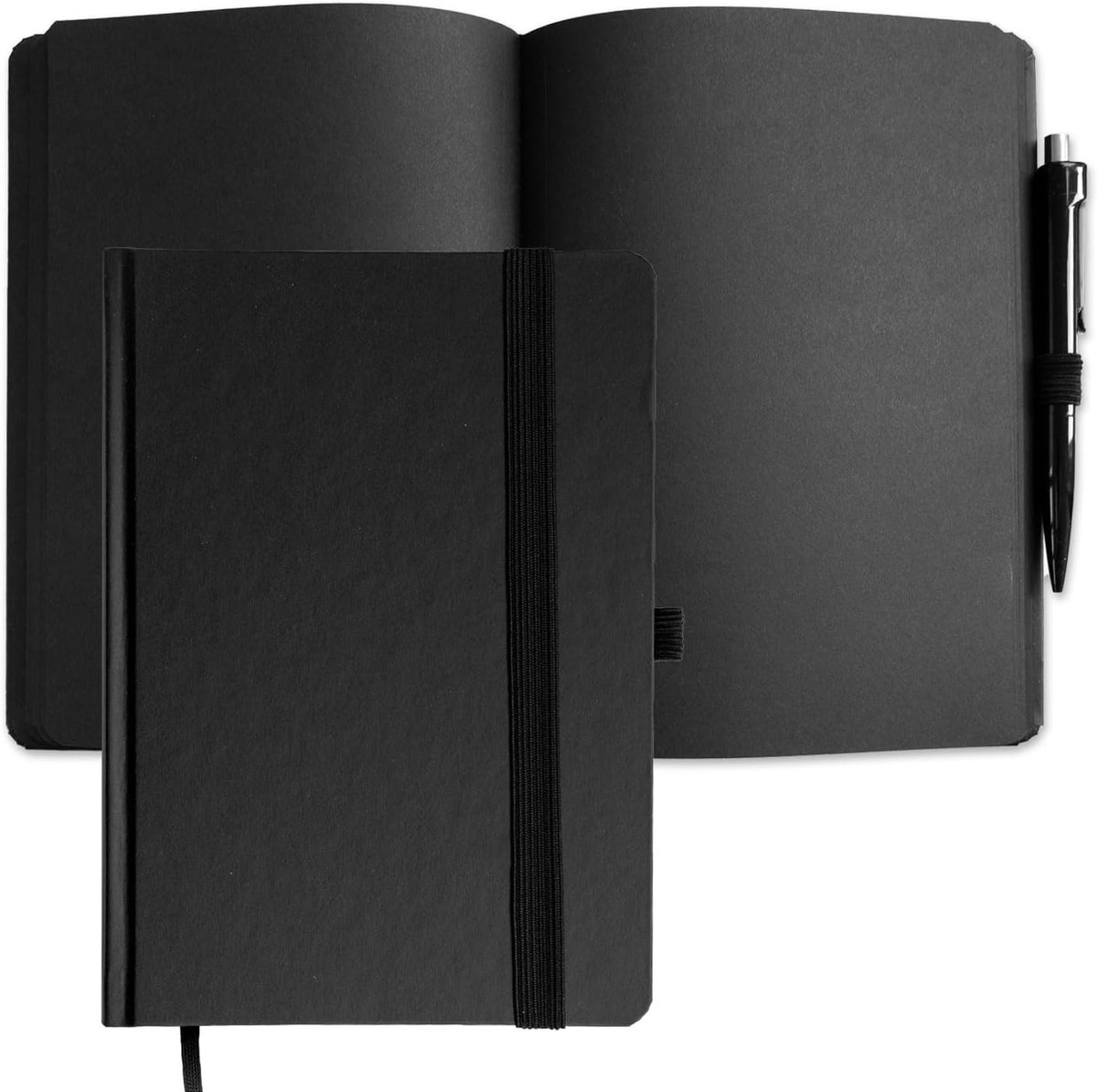 SnelShoppen - Notitieboek A5 met Zwarte Pagina's 90 g/m² - 192 Blanco Pagina's incl. Zwarte Balpen voor Schrijven, Tekenen, Gastenboek, Dagboek, Creat