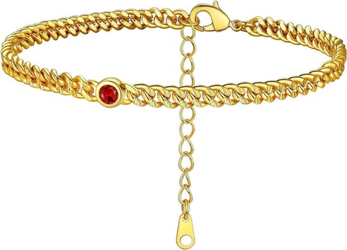 Gouden ronde hart enkelarmband met geboortesteen voor vrouwen - 12 maanden sprankelend kristal - enkelbandje jubileumsieraden - verjaardagskettingen voor moeder dochter - 8.5'' + 2'' - Zirkonia - Synthetische robijn