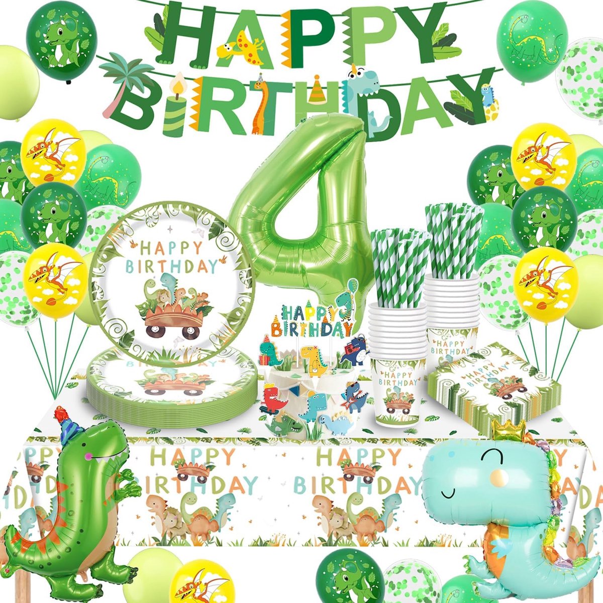 SnelShoppen - Dinosaur Birthday Decoration Set voor 4 Jaar - Inclusief Ballonnen, Papieren Borden, Bekers, Servetten en Tafelkleed - Perfect voor Kind