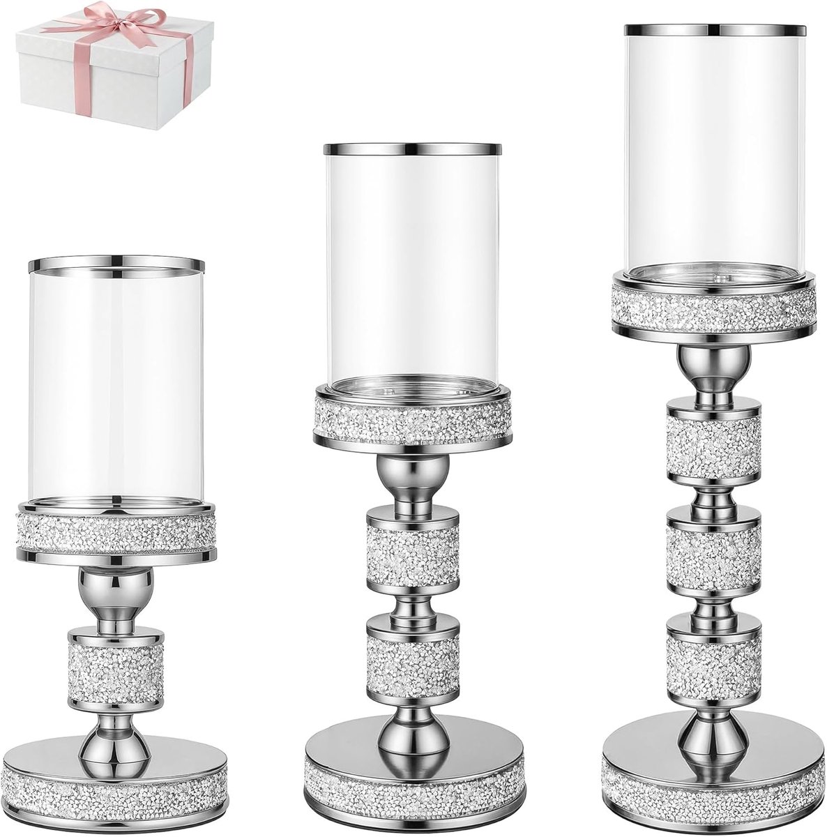 SnelShoppen - 28 cm / 34 cm / 40 cm Stompkaarsenhouder met Winddicht Glas - Zilverkleurige Kristallen Kandelaar voor Tafeldecoratie, Bruiloft, Eettafe