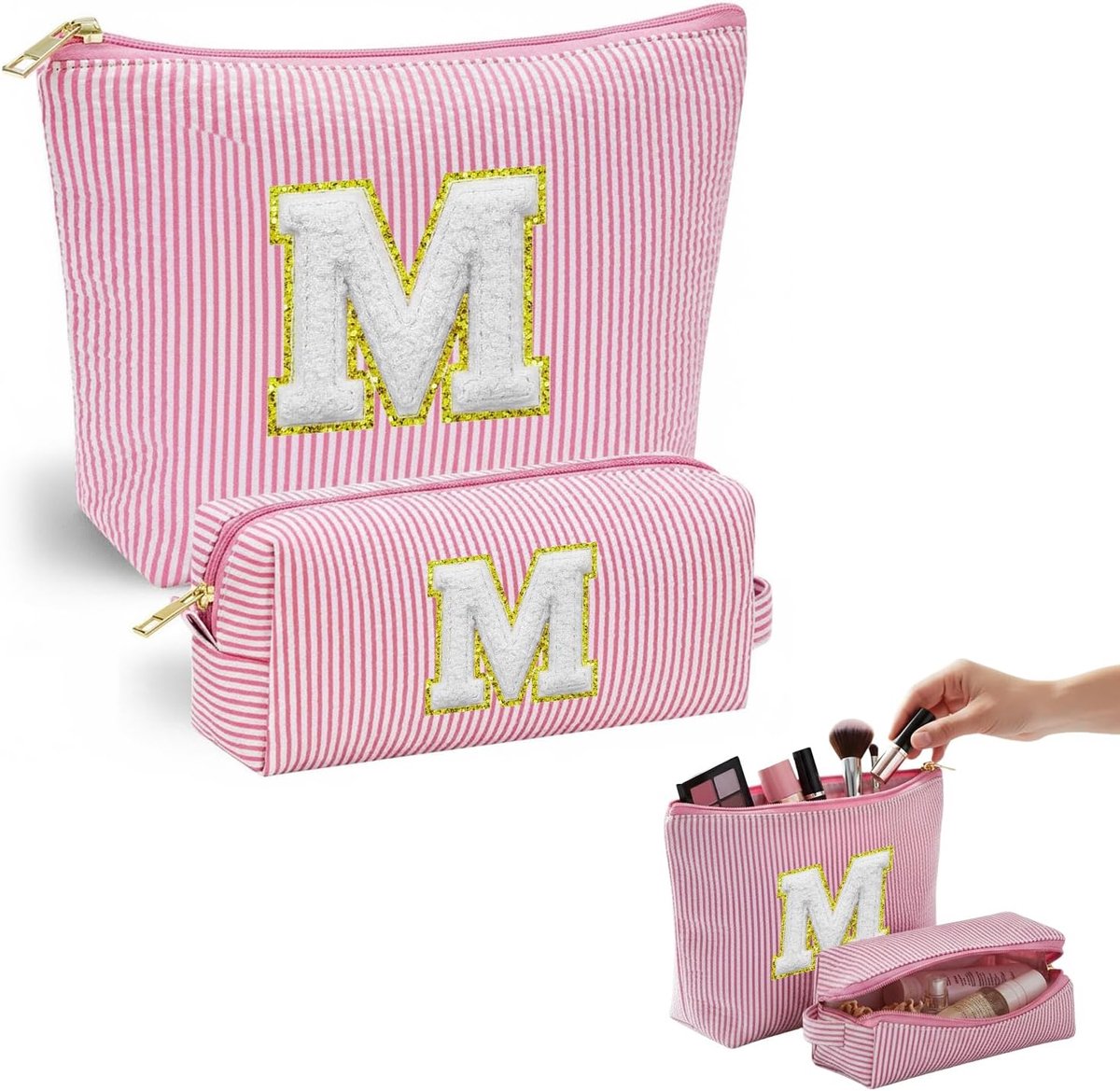 SnelShoppen - Gepersonaliseerde Makeup Tas - Ruime Cosmetic Bags voor Vrouwen met Initalen A-Z, 2-Pack - Draagbare Toilettas, Perfecte Verjaardagscade