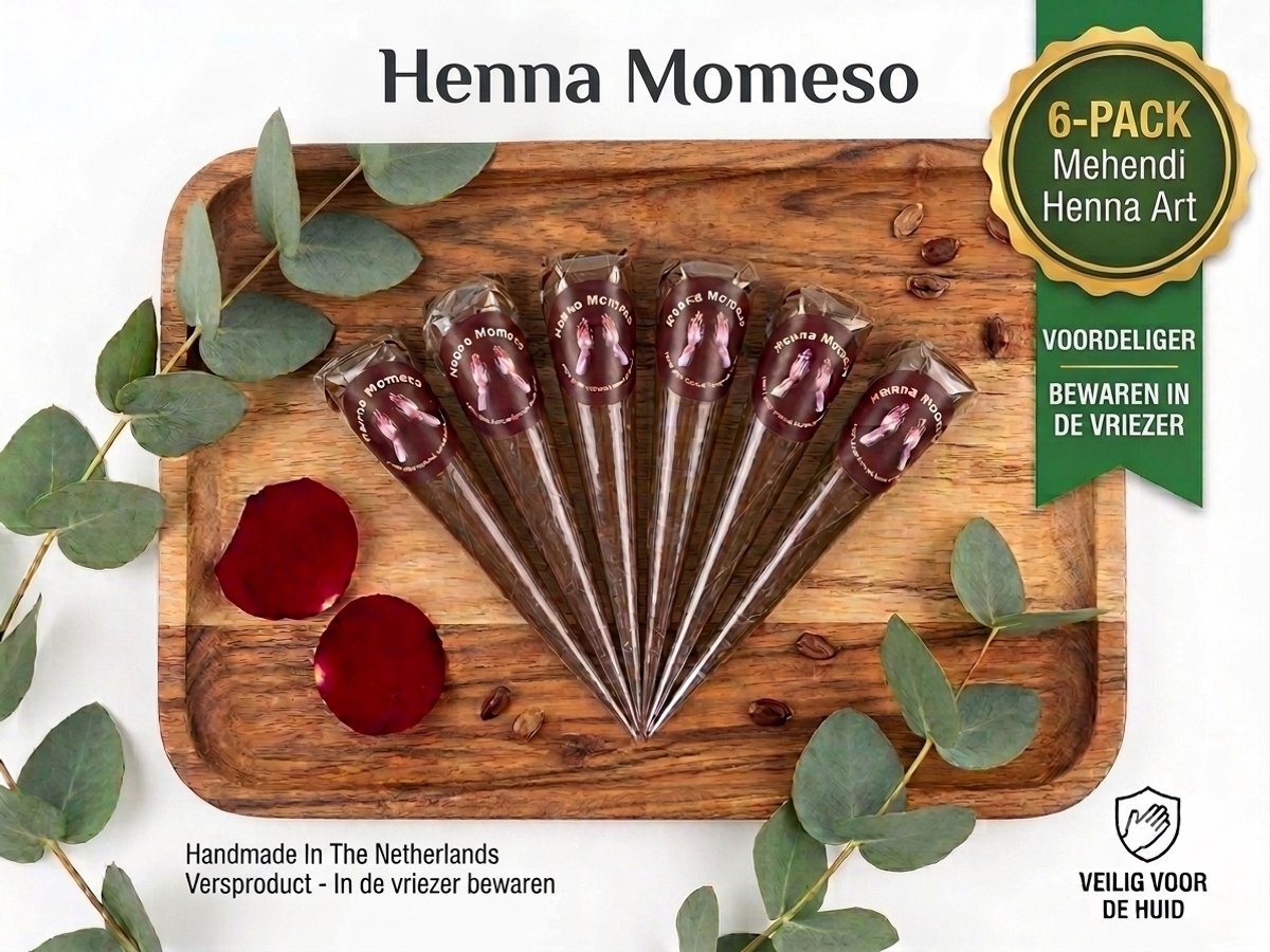 Momeso Verse Handgemaakte Henna Cones – 6x 30g – 100% Biologisch & PPD-vrij – Bruidshenna, Mehndi & Eid – Vers gemaakt in Nederland