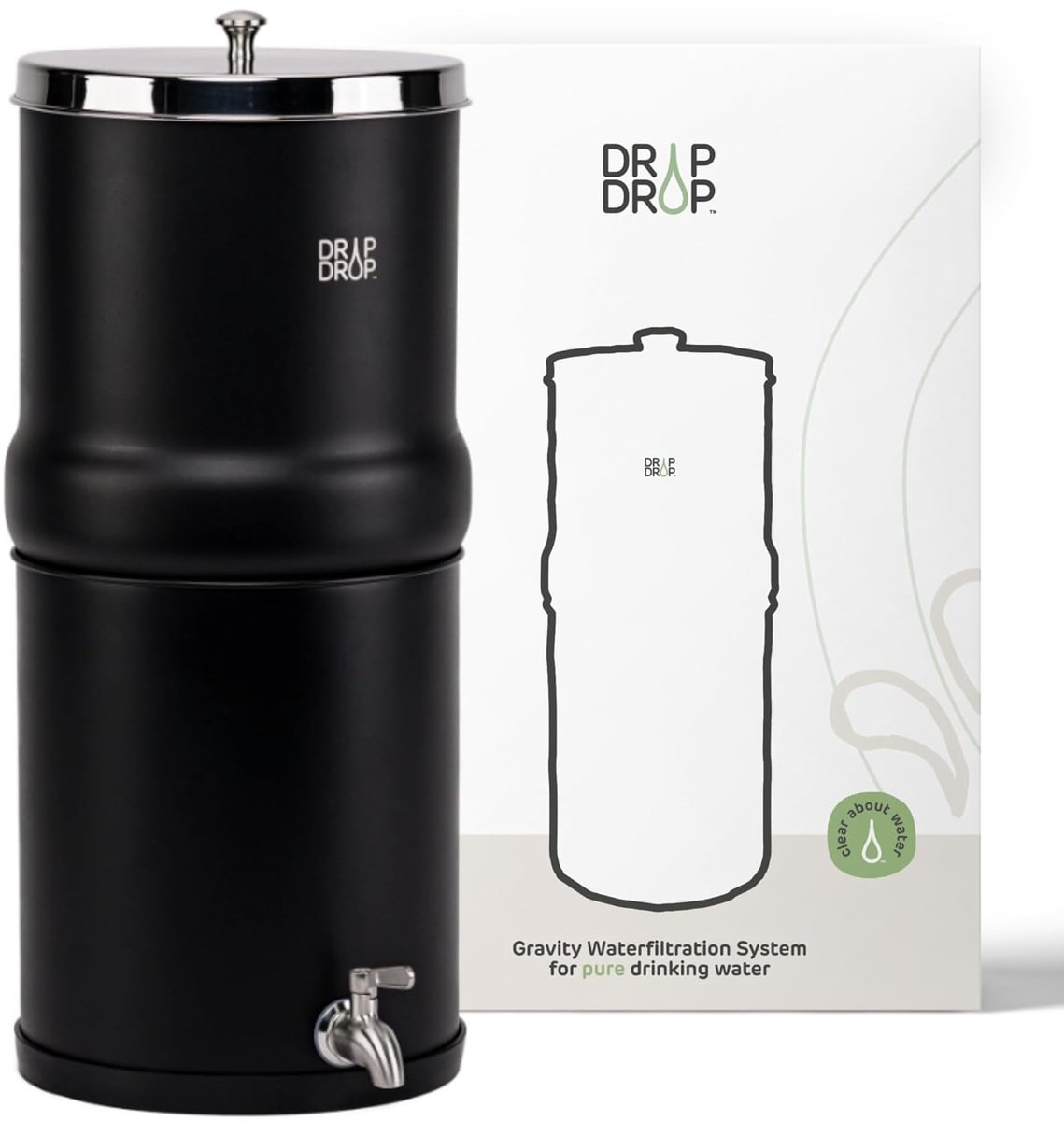 SnelShoppen - DripDrop Gravity Water Filtration System 8.5L met 2x Actieve Koolstof Waterfilters, Rvs Kraan, Zwart - Voor Gezond Drinkwater Thuis, Cam