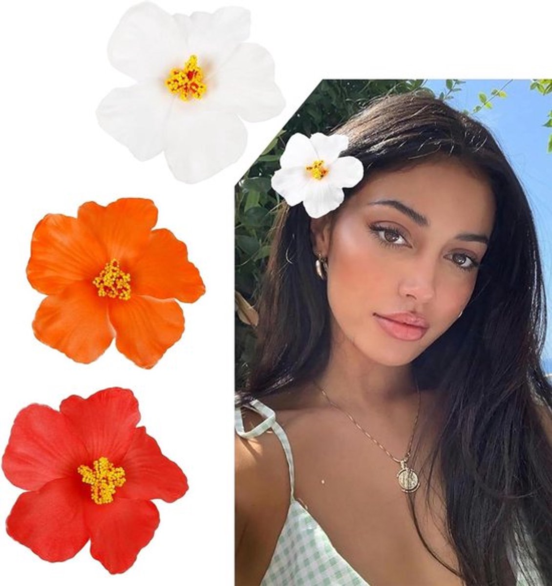 Set van 3 bloemenhaarspelden voor vrouwen - Plumeria en hibiscus design voor vakantie en strandfeest