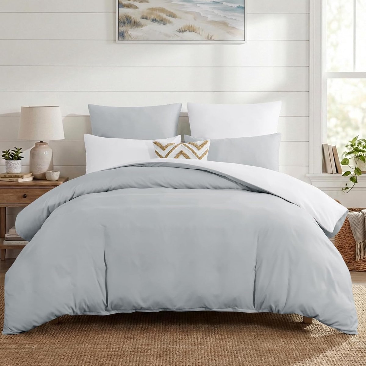 SnelShoppen - Housse de Couette 200 x 200 cm Reversible met 2 Taies d'oreiller 65 x 65 cm - Microfibre Bedlinnen Grijs/Wit voor 2 Personen - Comfortab