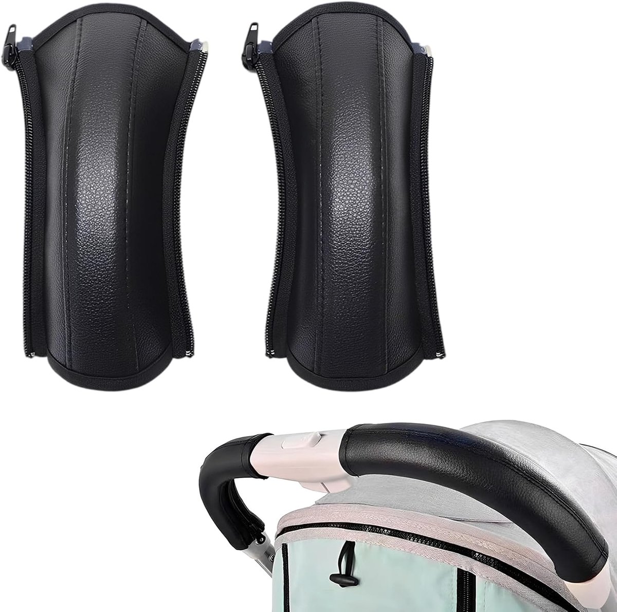 SnelShoppen - 2 Universele Zwarte PU Handgreepafdekkingen voor Kinderwagen - Waterdicht, Stofdicht, Met Ritssluiting - 25 x 10,5 cm - Ideaal voor Reiz